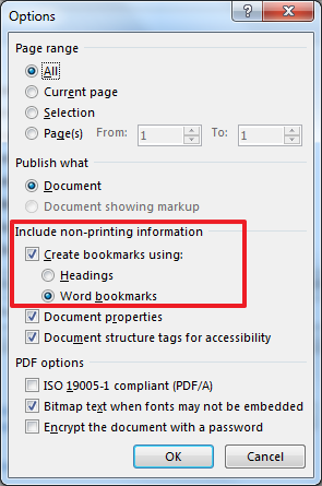 create bookmarks in pdf when printing from word