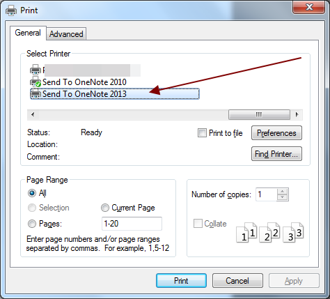print selection in onenote