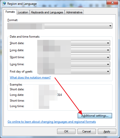 region and language additional settings